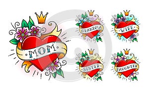 Set of Classic tattoo heart with flowers, crown and ribbon with words photo